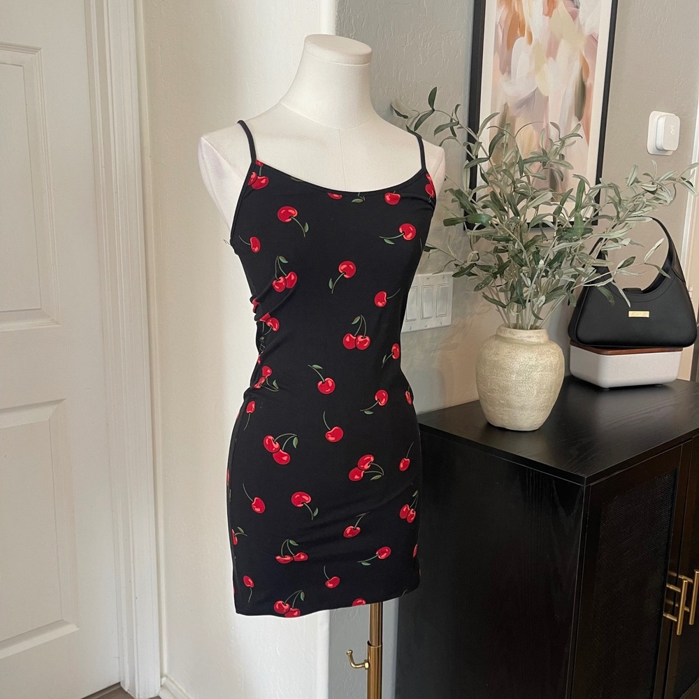 Cherry Mini Dress Womens Small Black Print Bodycon Y2K Strappy - Picture 2 of 4